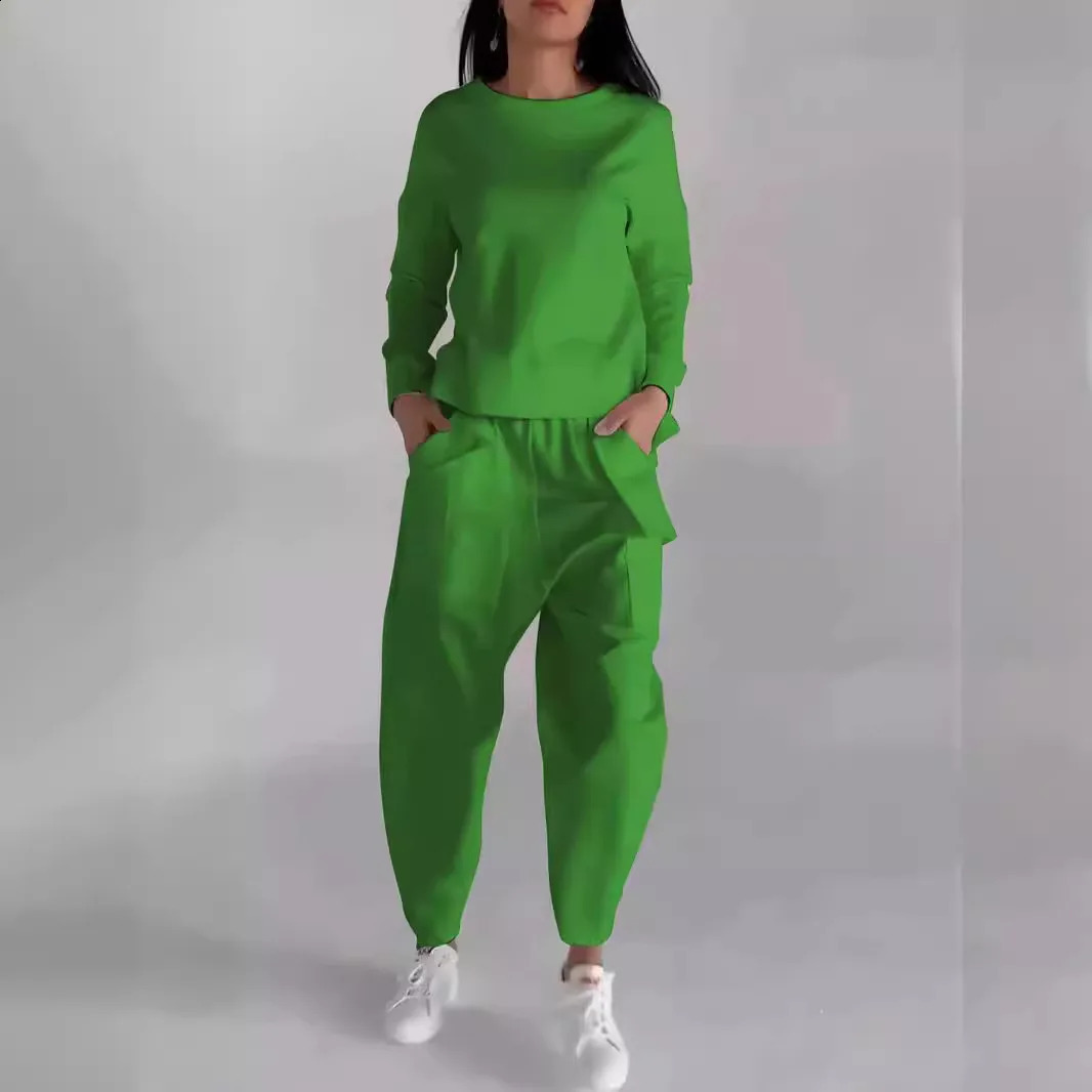 Lace fashion multi-pocket trend sports solid color casual pants suit autumn womens wear250120