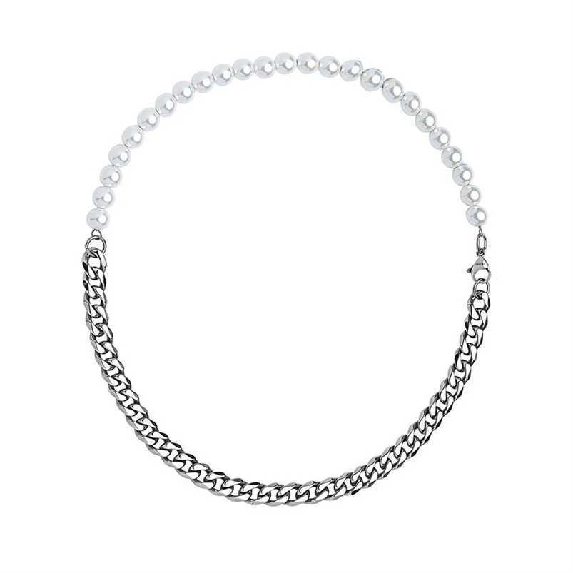 Hip Hop Half Pearl Half Cuban Chain Necklace for Men Women Collar Choker Punk Chokers 316L Stainless Steel Jewelry AccessoriesXJ250121