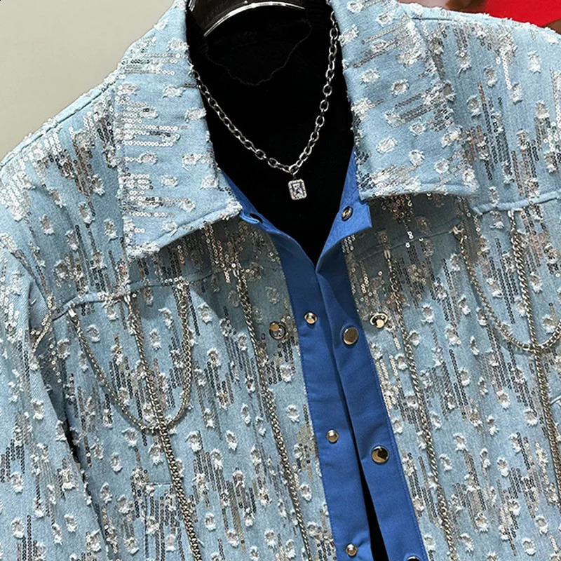 PFHQ Korean Fashion Metal Chain Decoration Hole Denim Jacket Autumn Winter Sequin Contrast Color Male Tops 21Z6055 250121