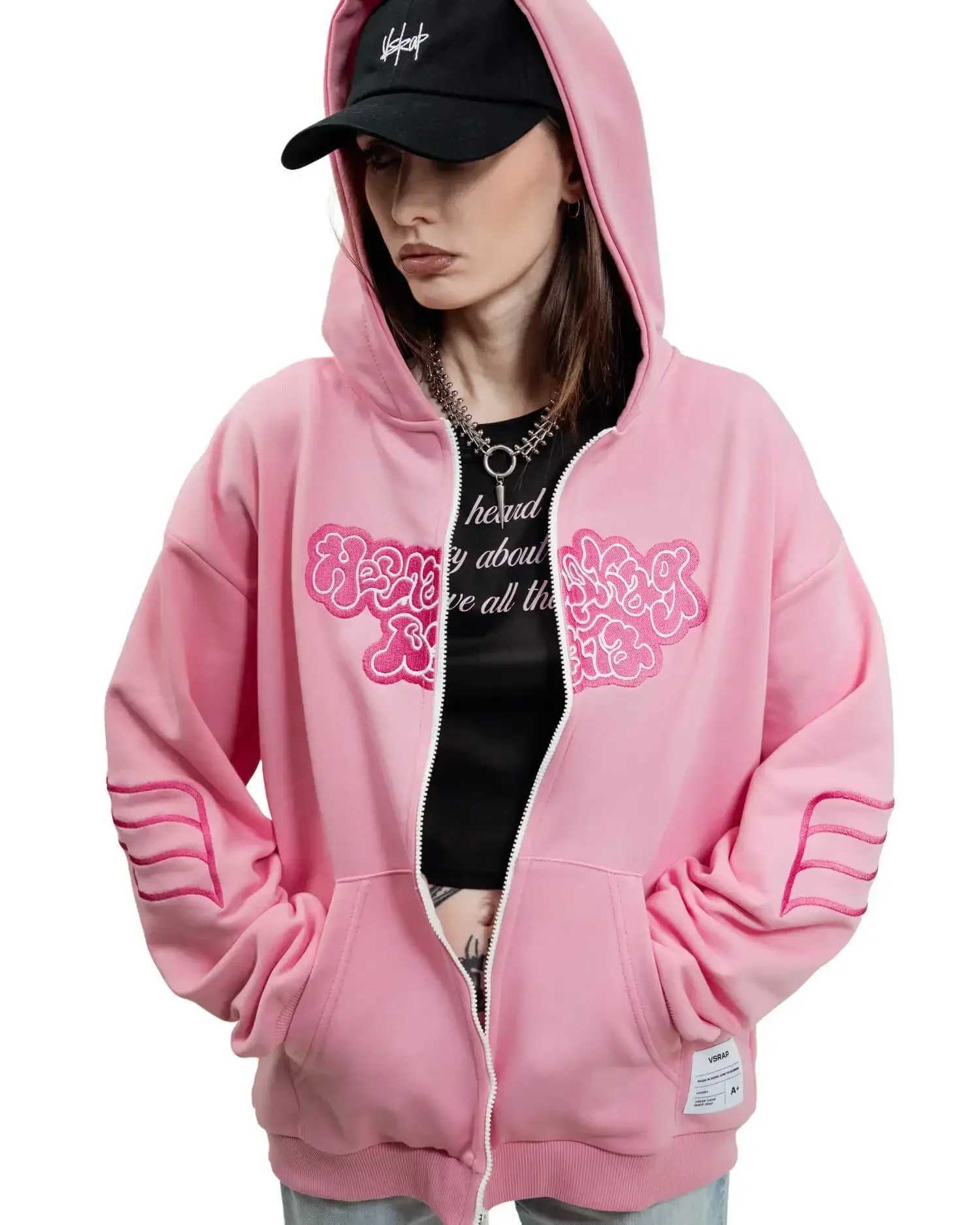Kussia88 Y2K Zipper Hoodie Mens Fashion Art Embroidery Sportswear Fashion Harajuku Pink Oversized Street Clothing Unisex Clothing X250125