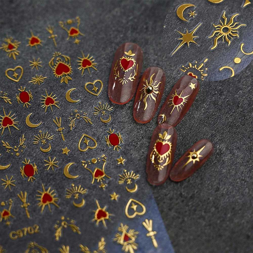 8Pcs Red Heart Nail Stickers 3D Bronzing Silver Gold Heart Shape Star Moon Metal Totem Nail Slider Self-Adhesive DIY Nail Art*XJ250120
