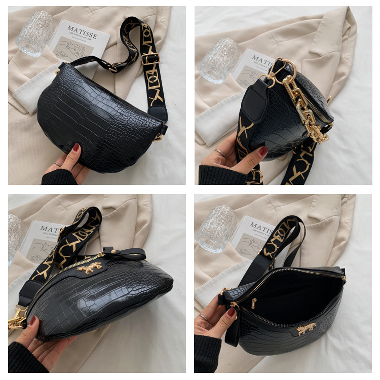 2025 New Breast Women's Fashion Crocodile Pattern Shoulder Chain Small Waist Broadband Crossbody Saddle Bag