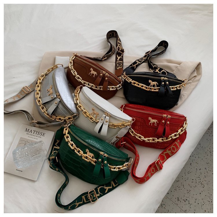2025 New Breast Women's Fashion Crocodile Pattern Shoulder Chain Small Waist Broadband Crossbody Saddle Bag