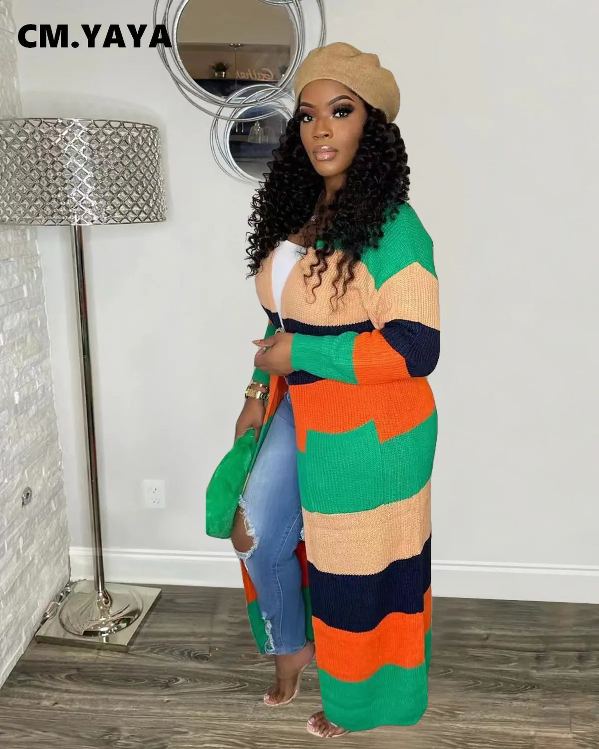 CM.YAYA Elegant Women Rainbow Striped Long Sleeve Open Stitch Sweater Cardigan Autumn Winter Street INS Oversized Jumper Sweater 250118