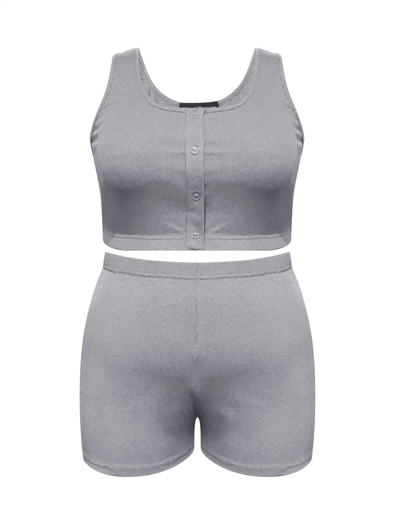 LW Plus Size Sporty Women Two Piece Short Sets Crop Top Button n High Waist Shorts Set Summer Casual Matching Suit 250122
