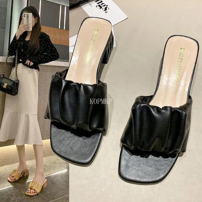 Sandals Summer Fashion High Heel Shoes Mules Women Square Head Slip On Flip ps Slipper 3.5CM Sandal Women's Shoe Solid Slide hurenlakeshoes