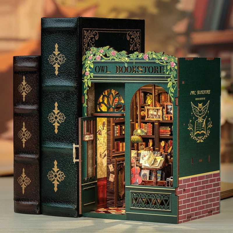 CUTEBEE DIY Book Nook Bookshop Kit Miniature Wooden Dollhouse with Light Bookshelf Insert 3D Puzzle Decor for Gift Owl Bookstore W250117