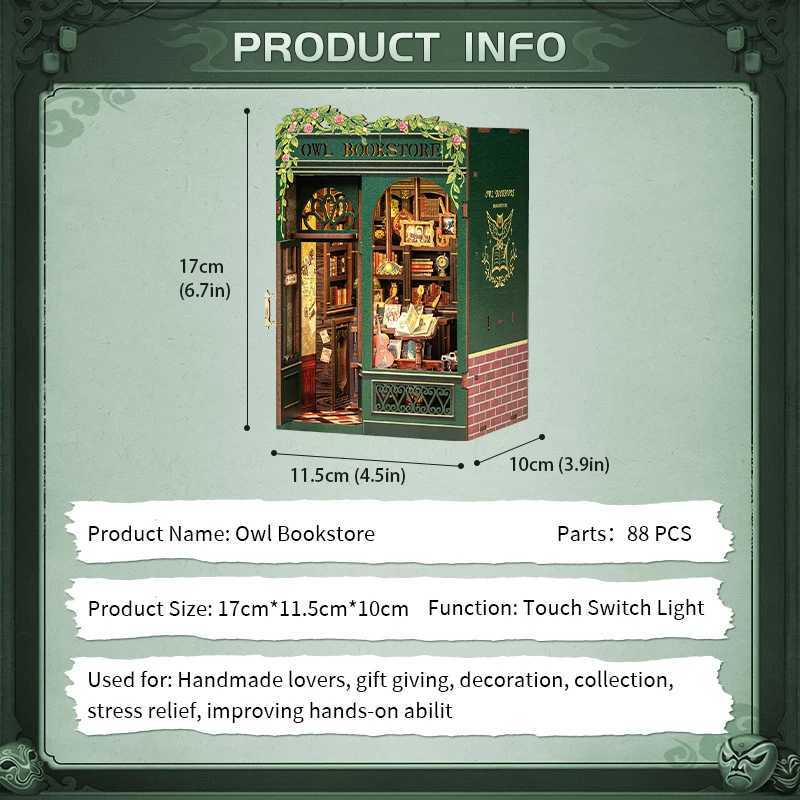 CUTEBEE DIY Book Nook Bookshop Kit Miniature Wooden Dollhouse with Light Bookshelf Insert 3D Puzzle Decor for Gift Owl Bookstore W250117