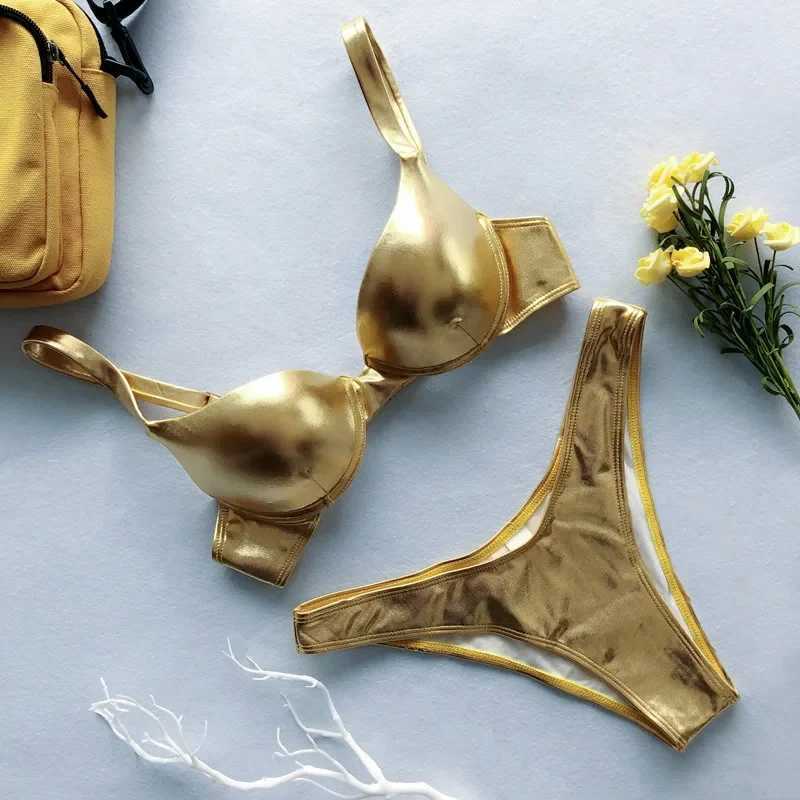 Metallic Summer Push Up Padded Bra Bathing Suit Beach Wear Women Sexy Thong Bikini Set Silver Gold Dropshipping Biquini SwimwearXJ250120