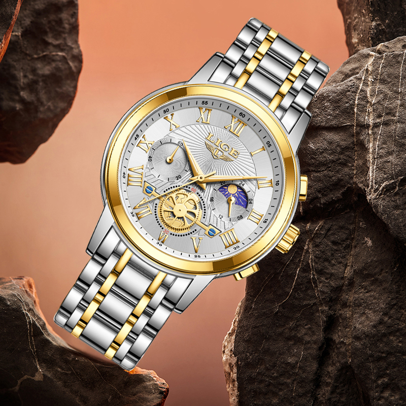 LIGE Fashion Men's Quartz Watch Night Light Moon Phase Multi functional Waterproof Business Watch