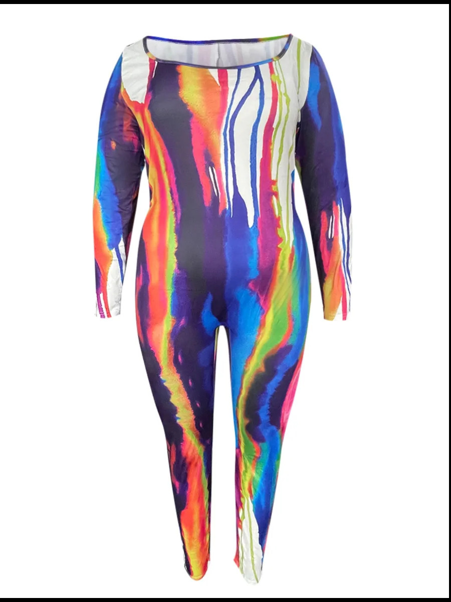 LW Plus Size SXY Pattern Print Jumpsuit 2024 Women One Piece Outfit Square Collar Tie Dye Long Sleeve Strip Long Romper Suits 250113