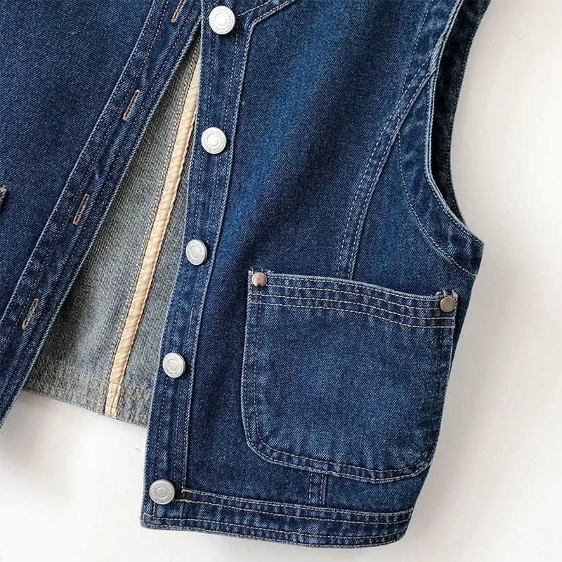 Vintage Blue Denim Vest Women Spring Summer Short Casual O Neck Big Pocket Cowboy Waistcoat Sleeveless Jeans Jacket Female 250122