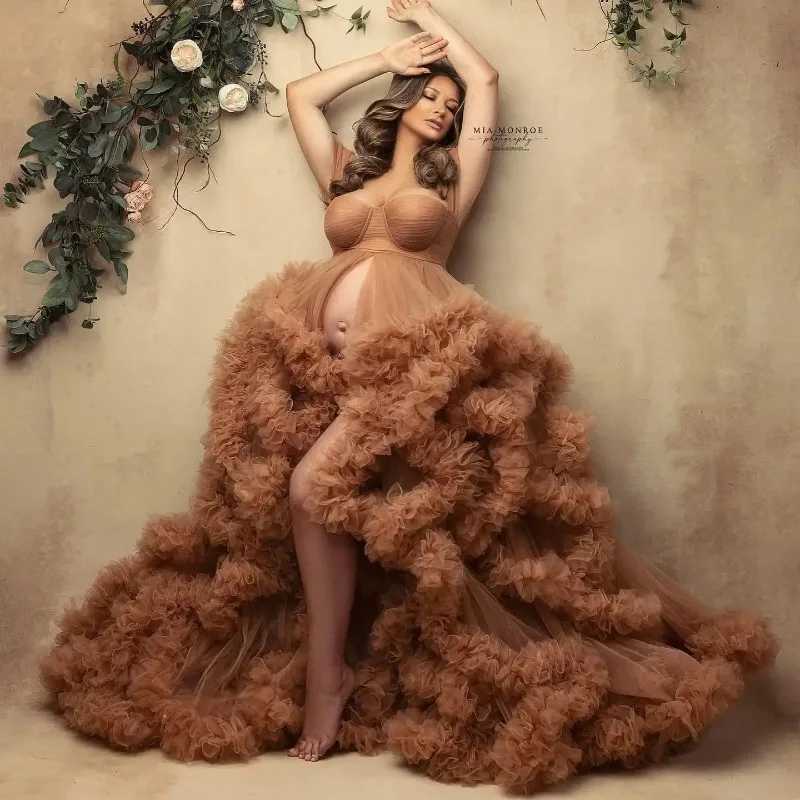 Romantic off shoulder pregnant photosoot dress with brown chiffon front seam party dress with pleated edges bohemian baby shower dress W250113