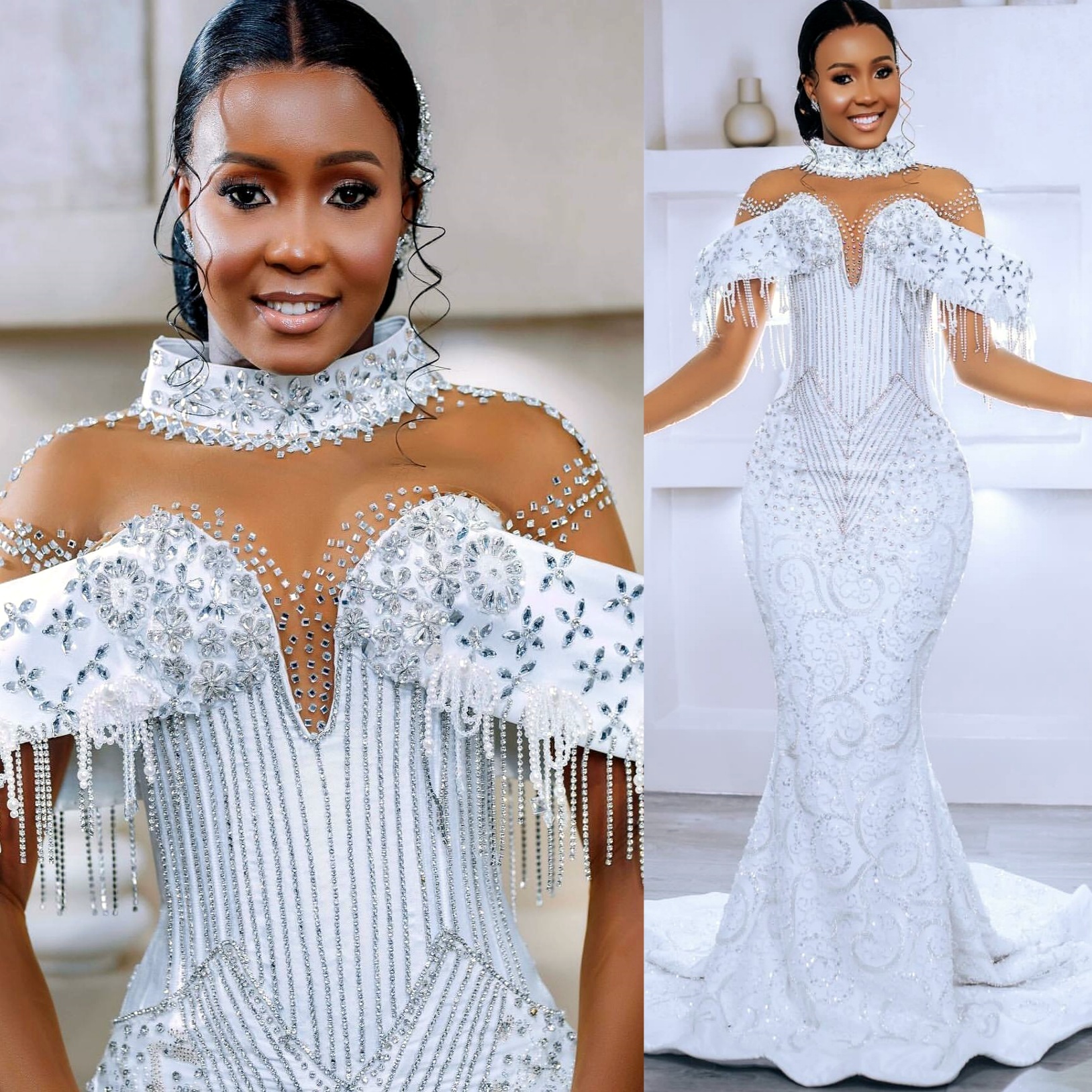 2025 Arabic Aso Ebi Plus Size Off White Mermaid Wedding Dresses Crystals Beaded Sequined Lace urious Vintage Bridal Gowns Dress For Bride