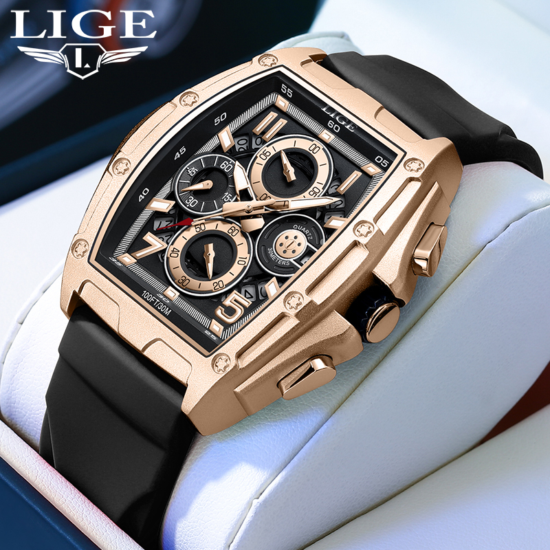 LIGE new men's quartz watch multifunctional waterproof calendar watch sports wine barrel shaped hollow watch