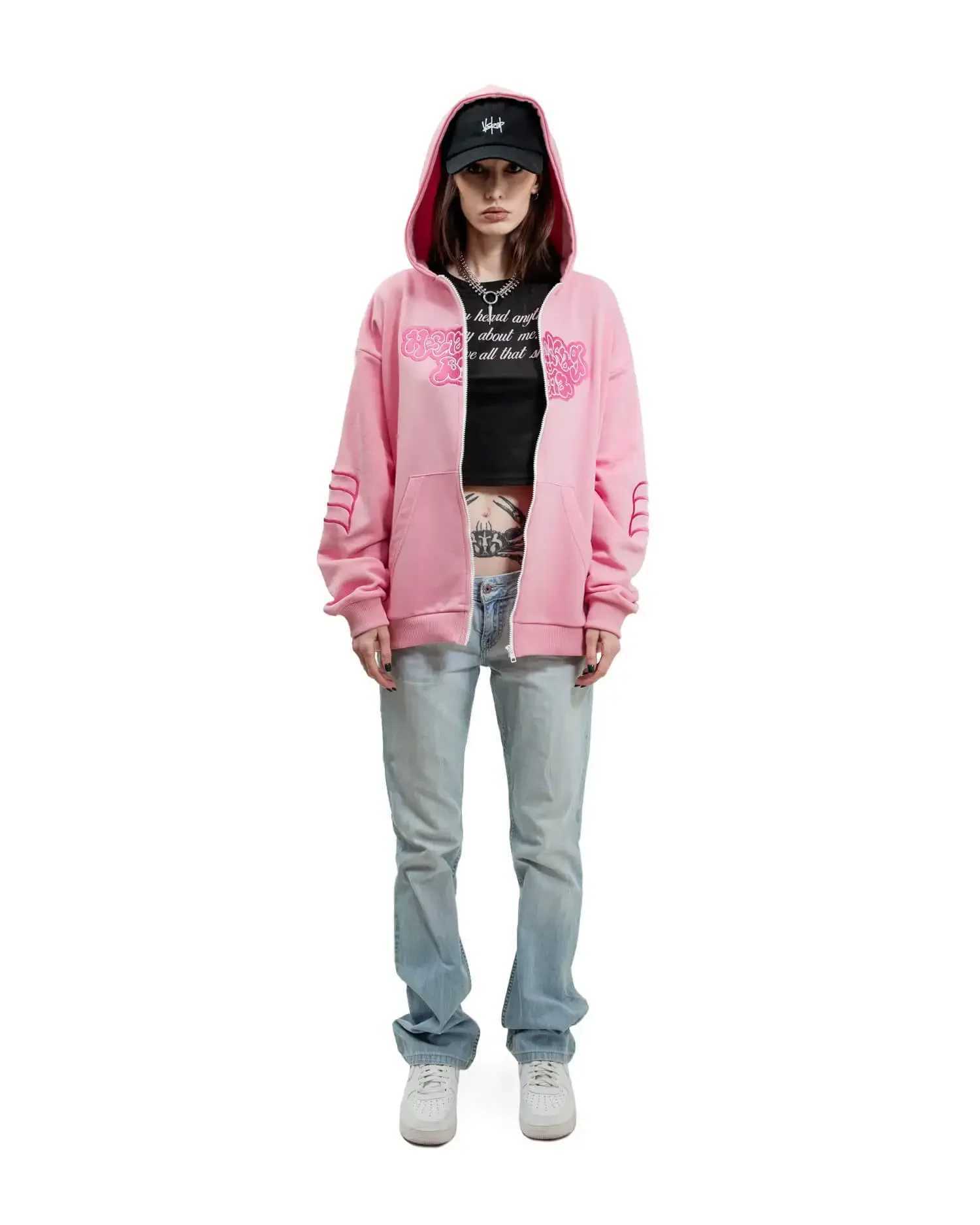 Kussia88 Y2K Zipper Hoodie Mens Fashion Art Embroidery Sportswear Fashion Harajuku Pink Oversized Street Clothing Unisex Clothing X250125
