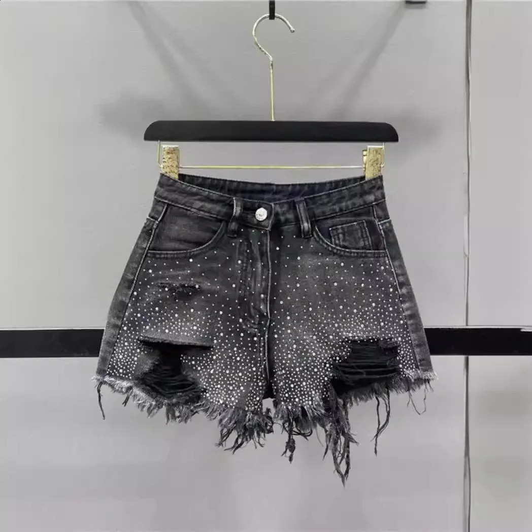 Womens 2025 Summer High Waist Diamond Denim Shorts with Broken Holes and Wide Legs Pants Jean Shorts 250122