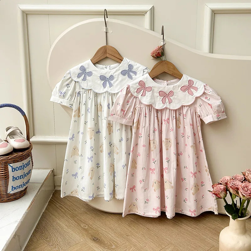 Girls Dress Childrens Clothing Bow Embroidered Flower Collar Girls Dress Summer Cartoon Printed Short Sleeved Princess Dress 250120