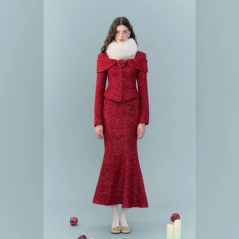 UNXX Small Fragrance Square Neck Wool Blazer Mermaid Skirt Suits Vintage Rose Patchwork Woolen Jacket Long Skirt Two-piece Set 250109