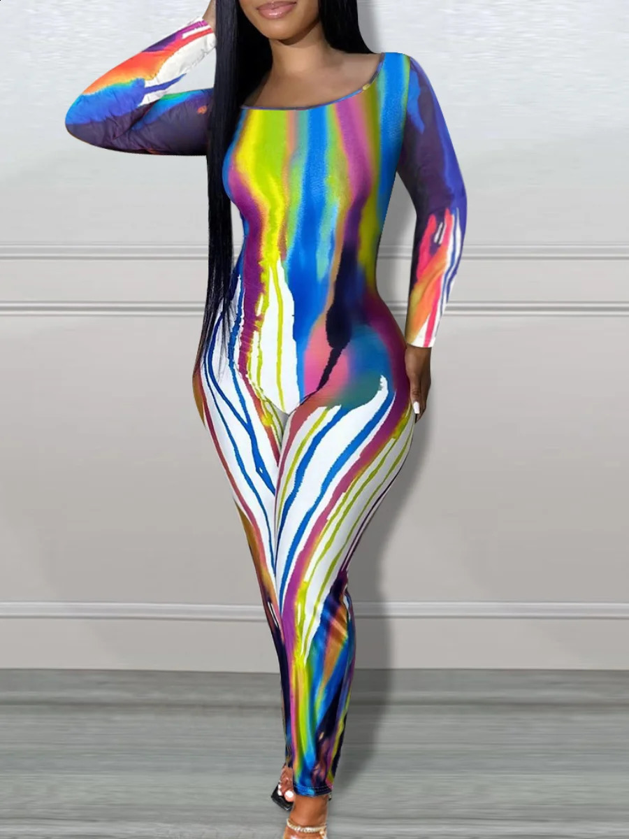 LW Plus Size SXY Pattern Print Jumpsuit 2024 Women One Piece Outfit Square Collar Tie Dye Long Sleeve Strip Long Romper Suits 250113