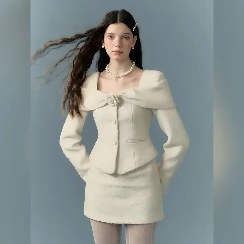 UNXX Small Fragrance Square Neck Wool Blazer Mermaid Skirt Suits Vintage Rose Patchwork Woolen Jacket Long Skirt Two-piece Set 250109