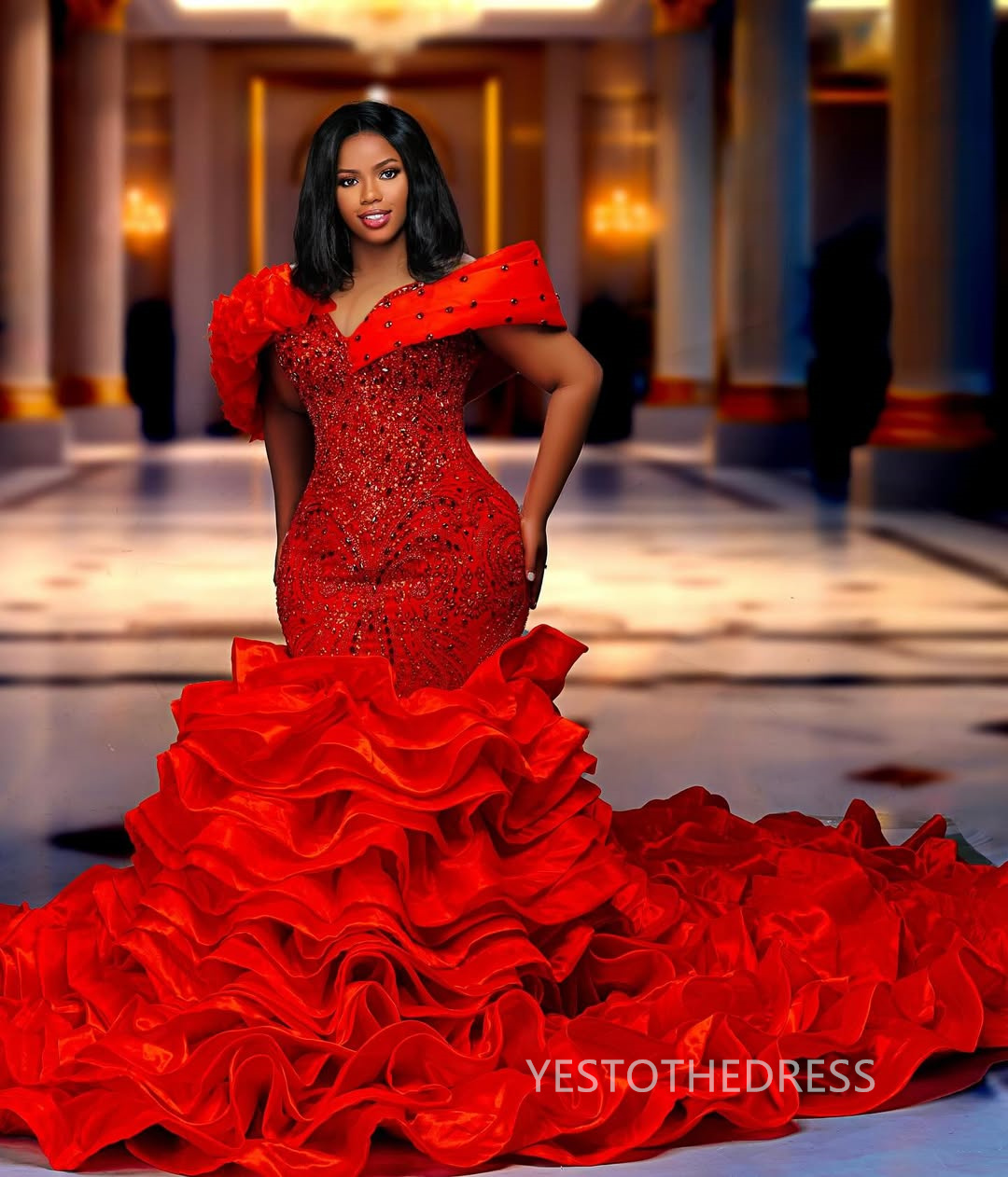 2025 Plus Size Aso Ebi Red Prom Dresses For Special Occasions Off Shoulder Mermaid Evening Dress Appliqued Beaded Lace Crystals Ruffles Birthday Recep