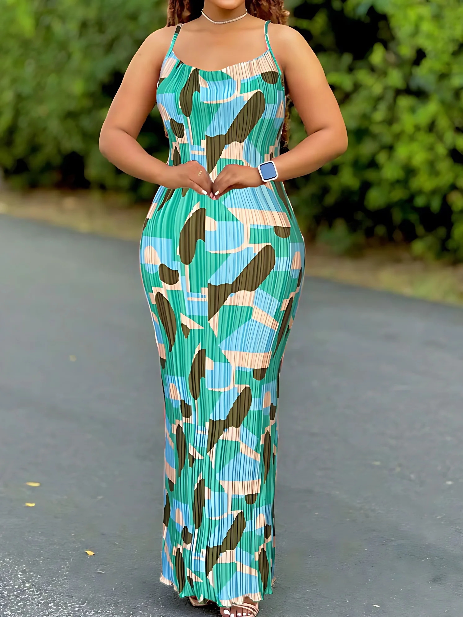 Womens Tie Dye Print Pleated DressSummer Spaghetti Strap Bodycon DressCasual Slimming DressesWomens Clothing 250117