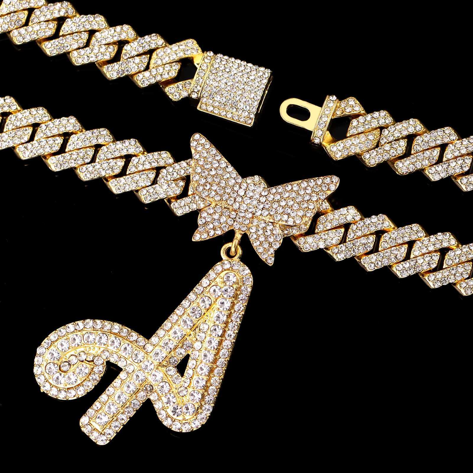 Bling Iced Out Butterfly Letter Cuban Link Chain Necklace for Women Gold Silve Color Miami Hip Hop Necklace Name Initial JewelryXJ250121