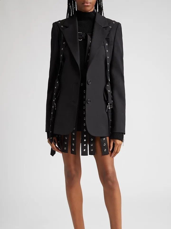 TWOTWINSTYLE Solid Patchwork Belts Blazers For Women Notched Collar Long Sleeve Single Breasted Chic Blazer Female 250106