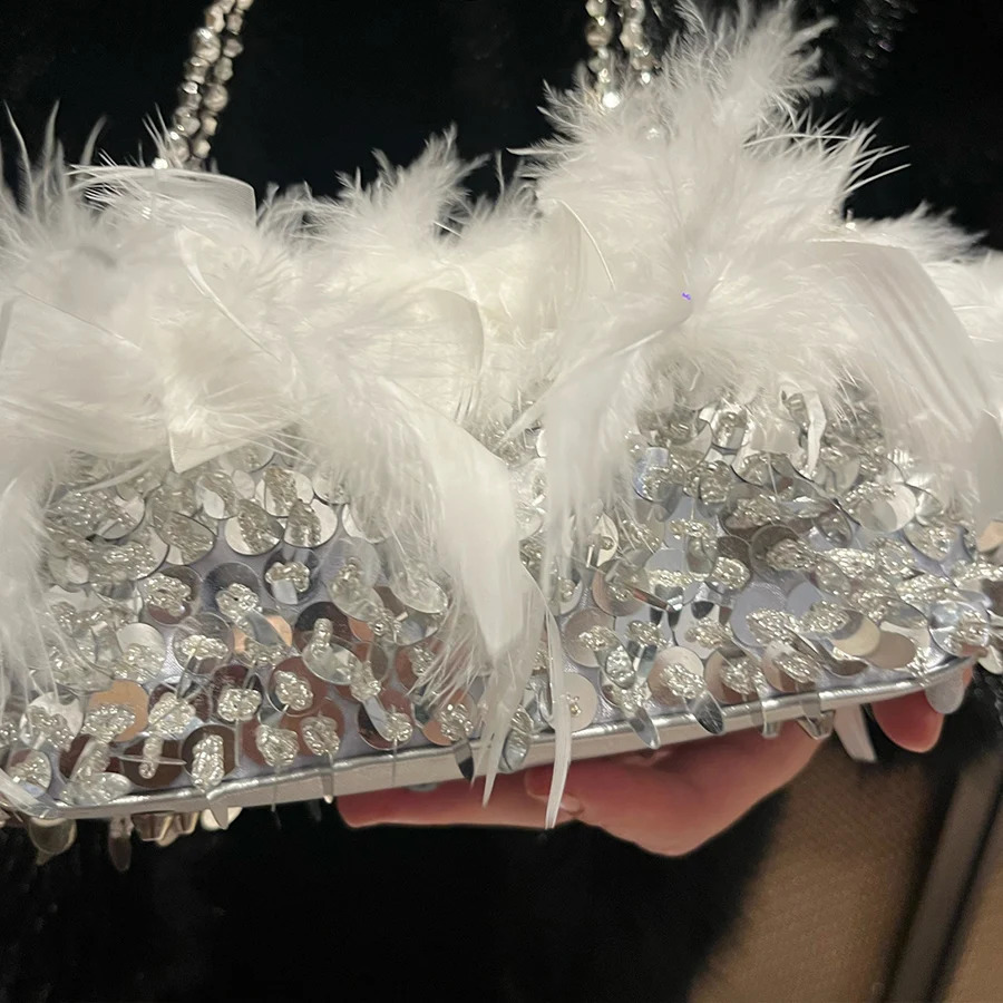 Turkey Feather Sequin Evening Bags Women Beaded Chains Tote Pearls Purses And Handbags Female Elegant Shoulder Bag Dinner Party 250110
