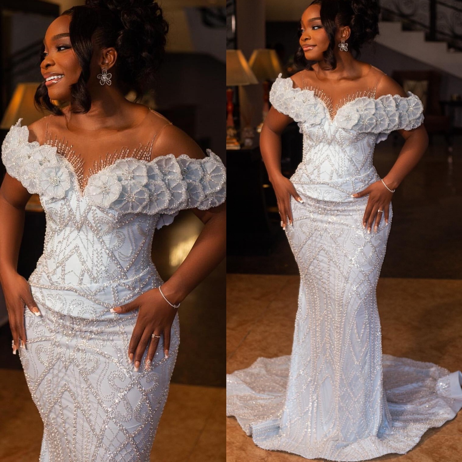 2025 Arabic Aso Ebi Plus Size Off White Mermaid Wedding Dresses rals Sequined Beaded Sheer Neck urious Vintage Bridal Gowns Dress For Bride ZJ068