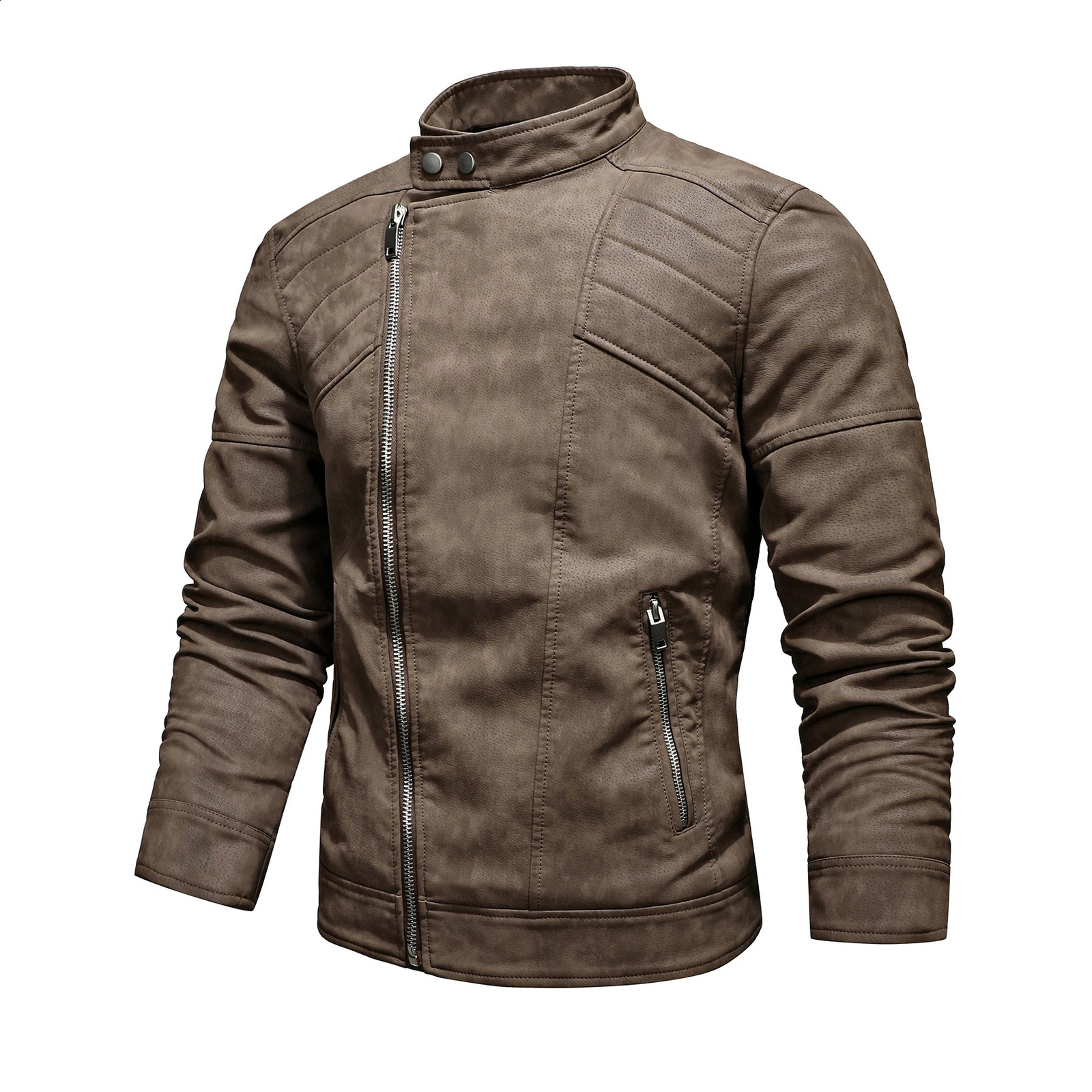 Mens PU leather jacket with fleece large lapel diagonal front zip autumn and winter stand-up collar jacket 250120