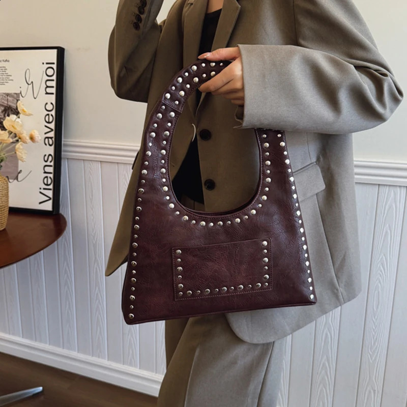 Leather Rivet Studded Shoulder Bag - Motorcycle Style Armpit Hot Handbag For Women -
