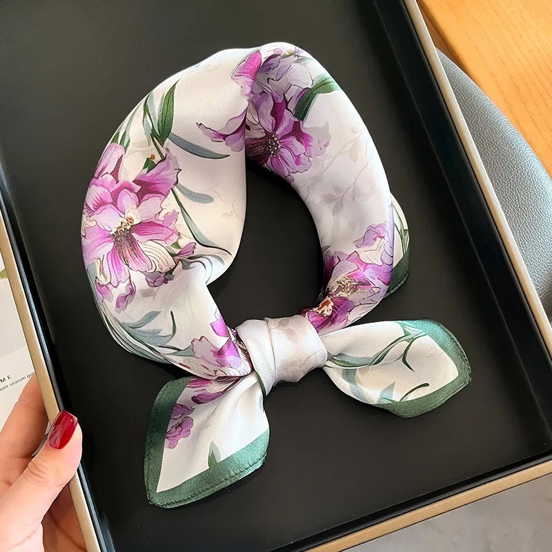 Women Square Silk Scarf Foulard Bandana Lady Floral Scarves for Hair Bands Neckerchief Spring Bag Ties 53cm 250117