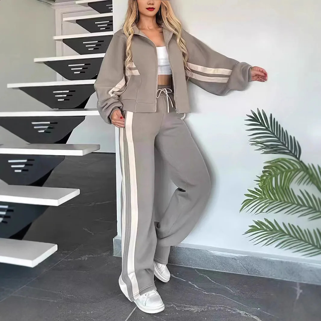 Two Piece Set Women Fashion Striped Print Lapel Zipper Coat High Waist Pants Outfit Autumn Winter Long Sleeve Suit Tracksuit 250120wtt