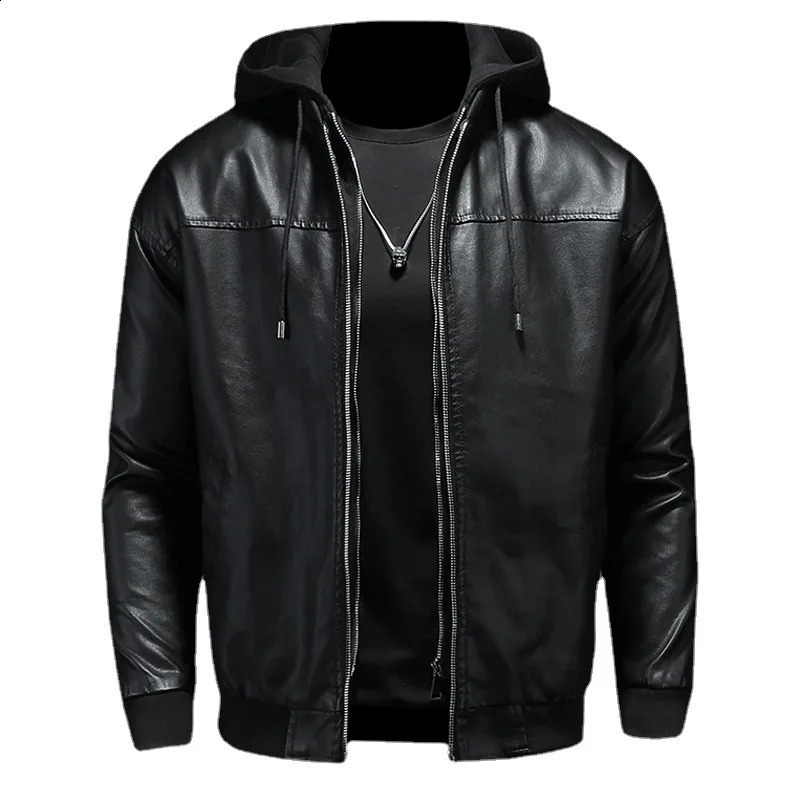 Leather Jacket Mens Autumn and Winter Casual Hooded Handsome Locomotive Clothes Cotton Thickened 250109Z