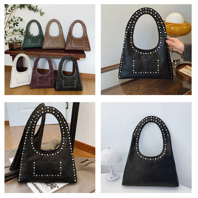 Leather Rivet Studded Shoulder Bag - Motorcycle Style Armpit Hot Handbag For Women -