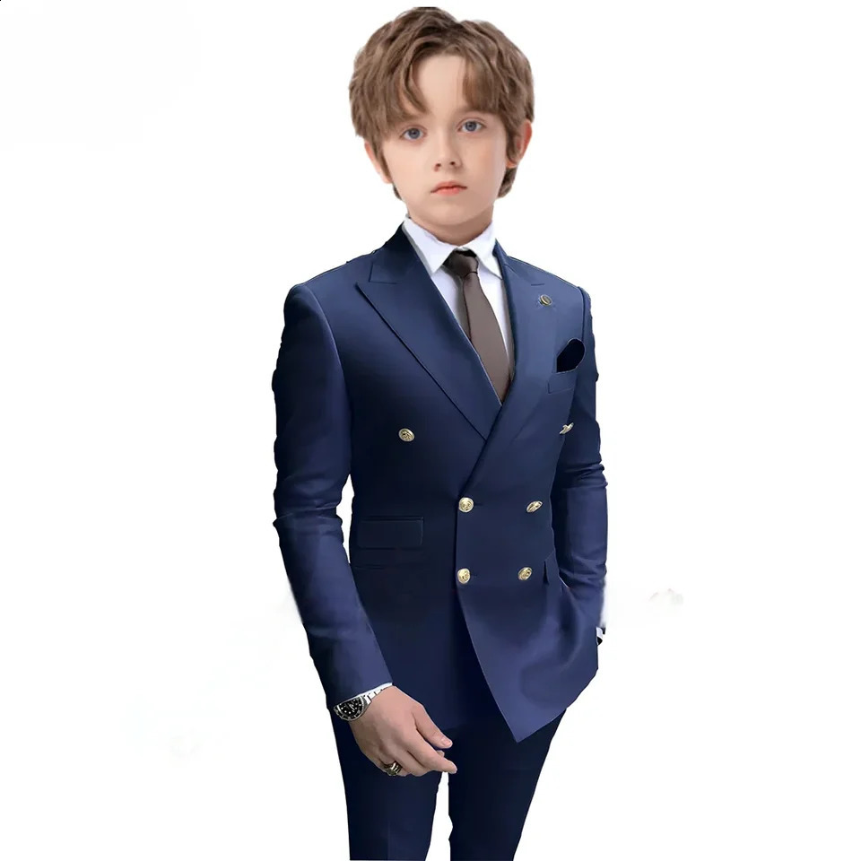 Navy Blue Boys 2 Piece Suit Double Breasted Blazer Kids Wedding Tuxedo Jacket Pants Formal Child Clothes 2-16 Years Old 250120