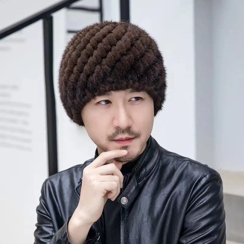 Winter Men Mink Fur Hats Natural Real Fur Knitted Cap Fashionable Fluffy Grandfather Genuine Fur Beanie Female Black Fur Caps 250120ww