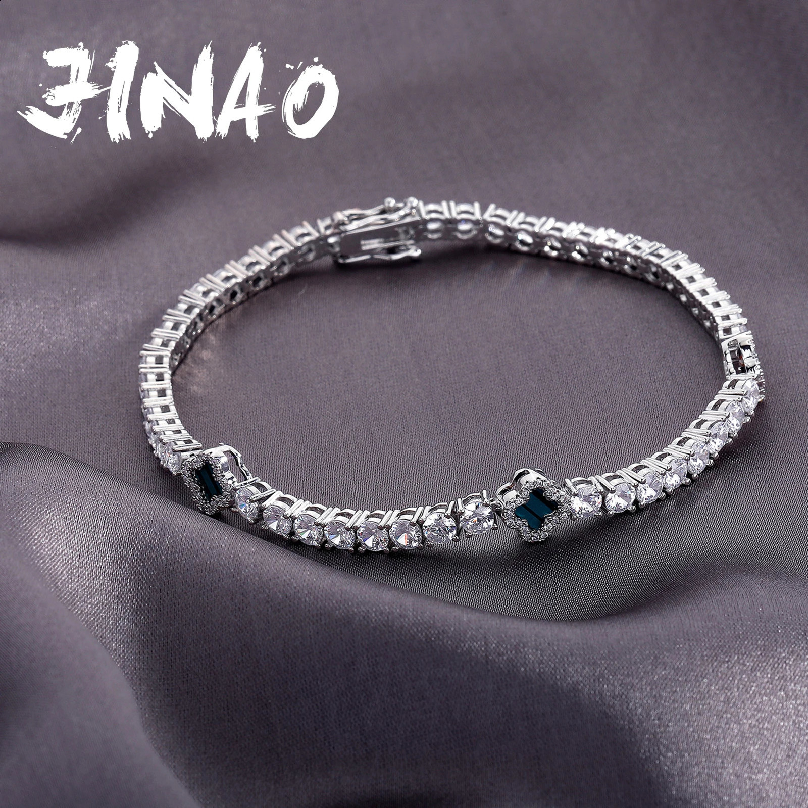 JINAO Hip Hop Four Leaf Clover Full Ice Fashion 4mm Tennis Chain Necklace and Bracelet Set Womens Charm Jewelry 250116