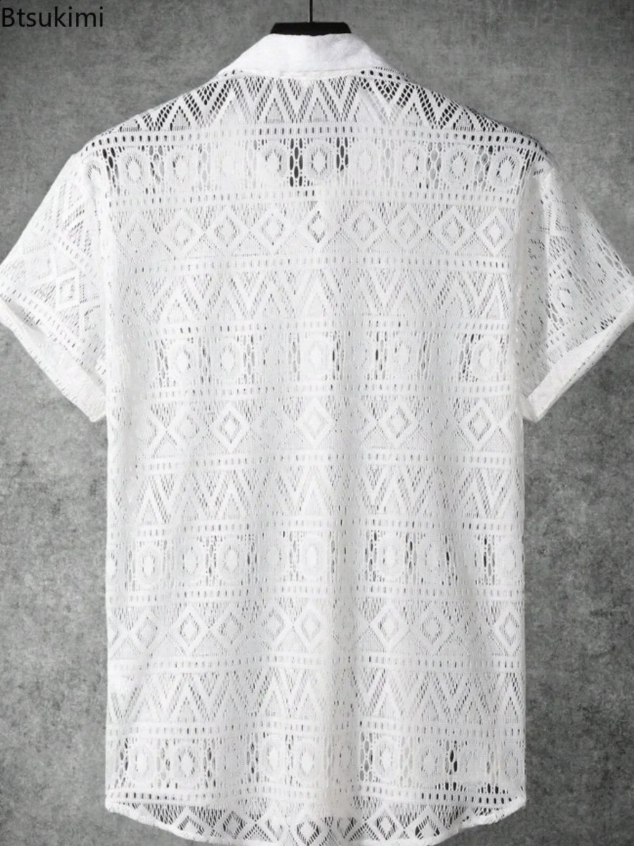 Summer fashion mens lace hollow shirt solid breathable casual short sleeved cardigan sexy see through mesh mens shirt 250118