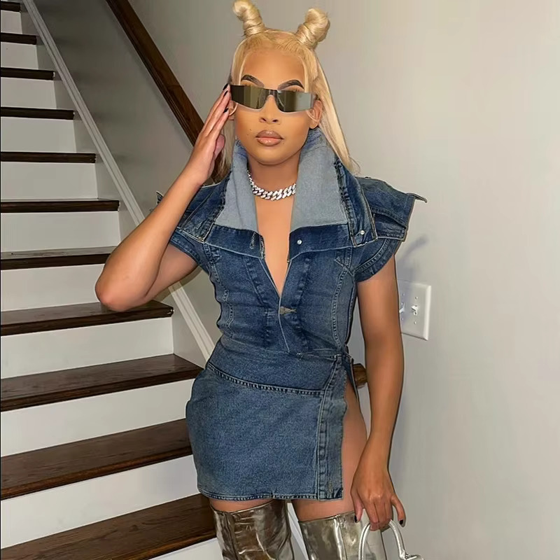 Night Club Denim Outfits Sexy Women Two Pieces Elegant Jeans Party Matching Set Top+Mini Skirt