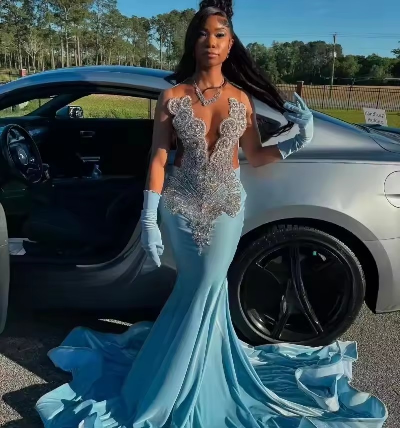 Baby Blue Prom Dresses 2025 Crystal Rhie Mermaid Party Dress Long Women Veet Evening Gowns With Gloves Customized 0220