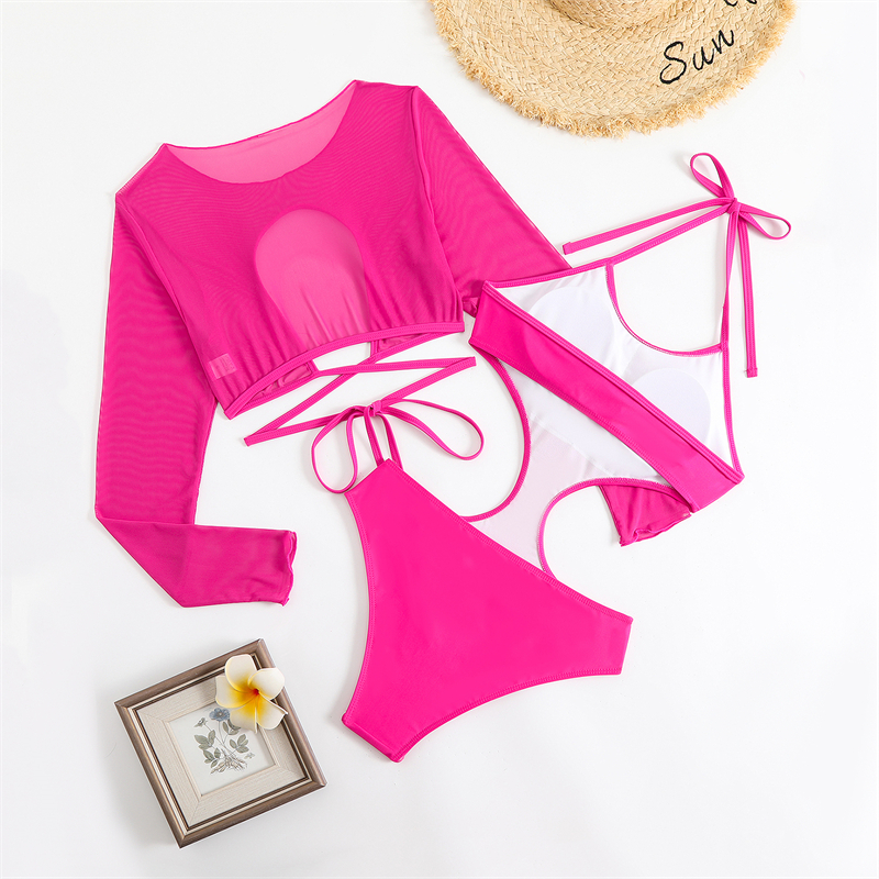 Sexy Monokini Two Piece Swimsuit Women Mesh Long Sleeve Cove-Ups Hollow Out Backless Swimwea Halte Neck Bathing Suit Summe 2025 Beachwea Hot Gil Beach