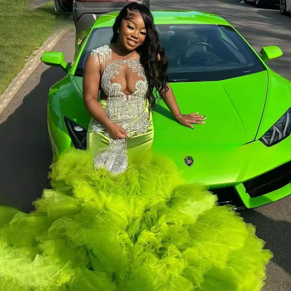 Green Sequins Crystal Mermaid Prom Dress Layered For Black Girls Ruffles Sleeveless Evening Party Gowns Custom vestidos de gala