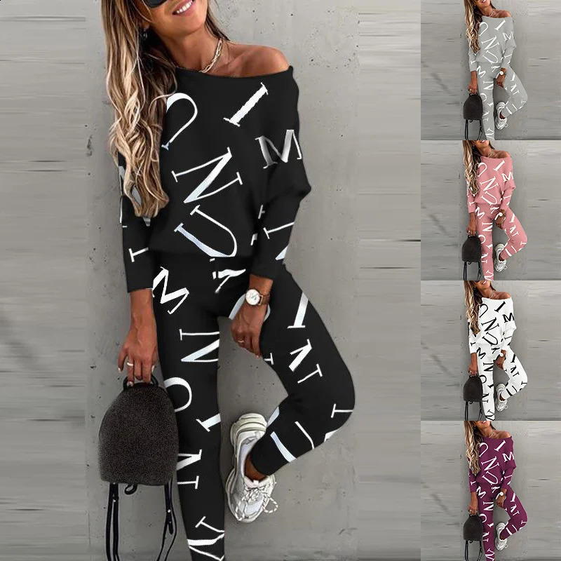Women Sportswear Suit Autumn Fashion Letter Print Fit One Shoulder Long Sleeve Top High Waist Drawstring Pants Set 250114Z
