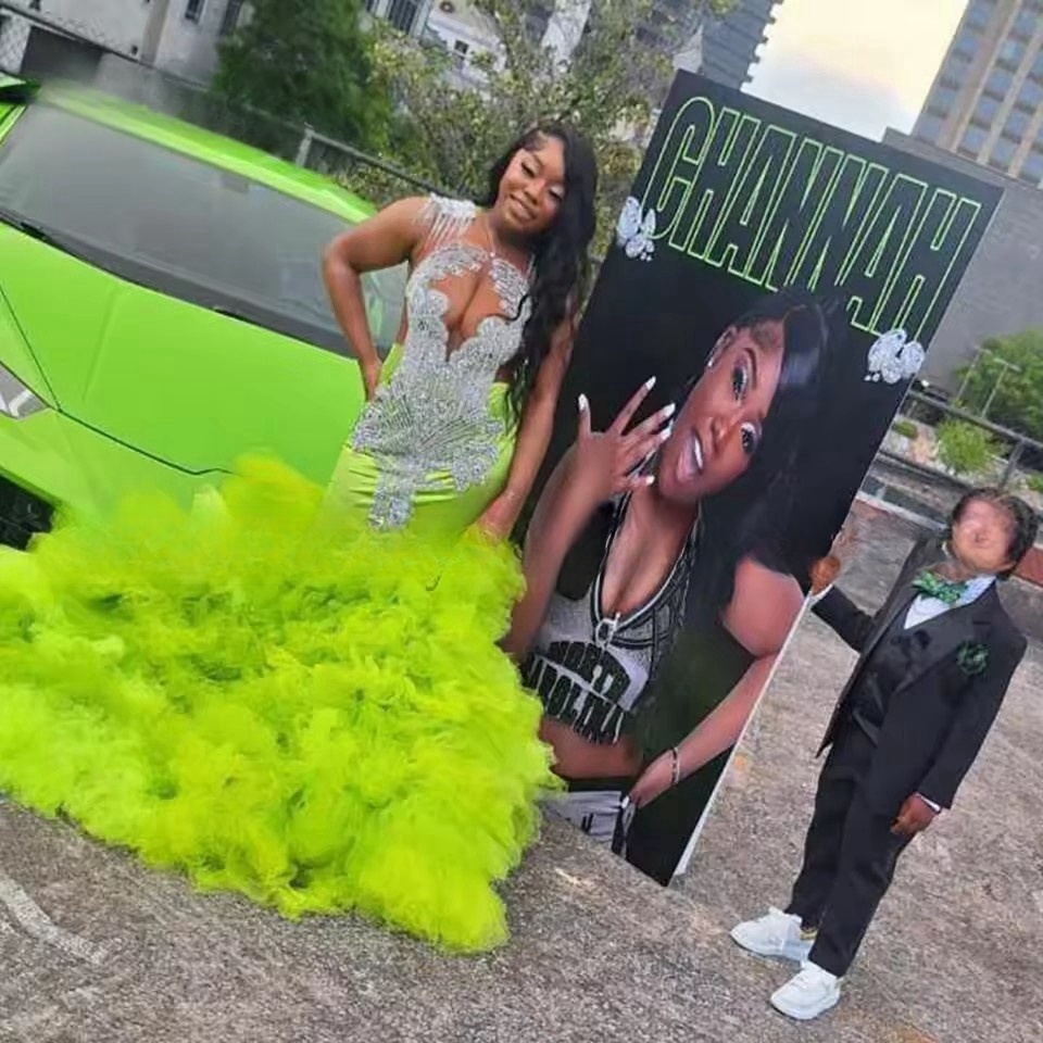 Green Sequins Crystal Mermaid Prom Dress Layered For Black Girls Ruffles Sleeveless Evening Party Gowns Custom vestidos de gala