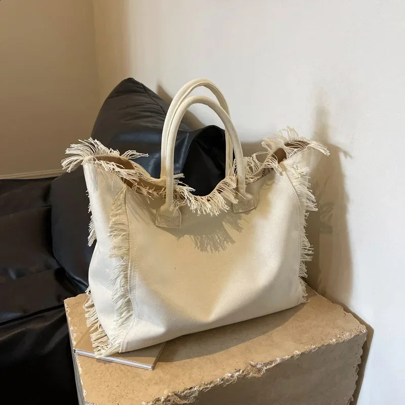 Fashion Tassel Tote Bag Pink Yellow Black White Canvas Bag Big Handbag Womens Large Capacity Shoulder Bag 250121