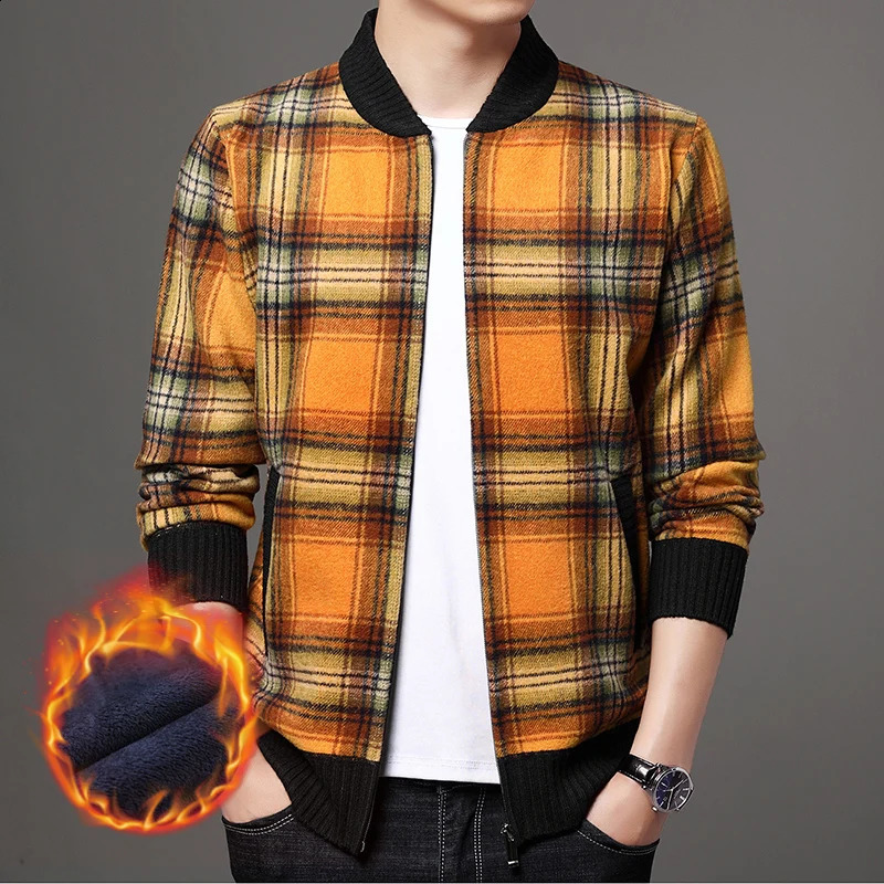 Top Quality Fashion Woolen Thick Velvet Plaid Casual Baseball Collar Jacket Men Korean Windbreaker Coats Men Clothes 250116