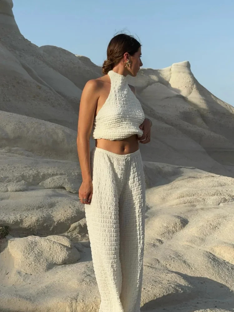 Elegant Pleated Halter Top Pants Sets Women Sleeveless Backless Top High Waist Wide Leg Trousers Suit 2024 Summer Lady 2 Pieces 250122